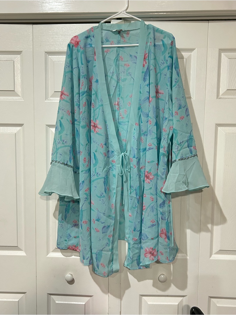 Y2K Vintage Cacique Sheer Floral Tie-Front Kimono Robe - Aqua Floral